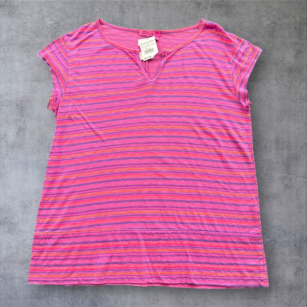 Fresh Produce Promenade Stripe Top Womens Medium Flamingo Pink Cotton Split Neck